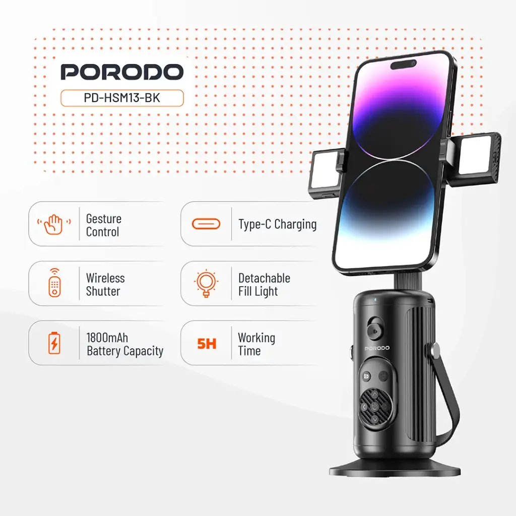 تصویر پایه هوشمند موبایل پرودو Porodo Face Tracking Smart Mount PD-HSM13 سایت حامی تک